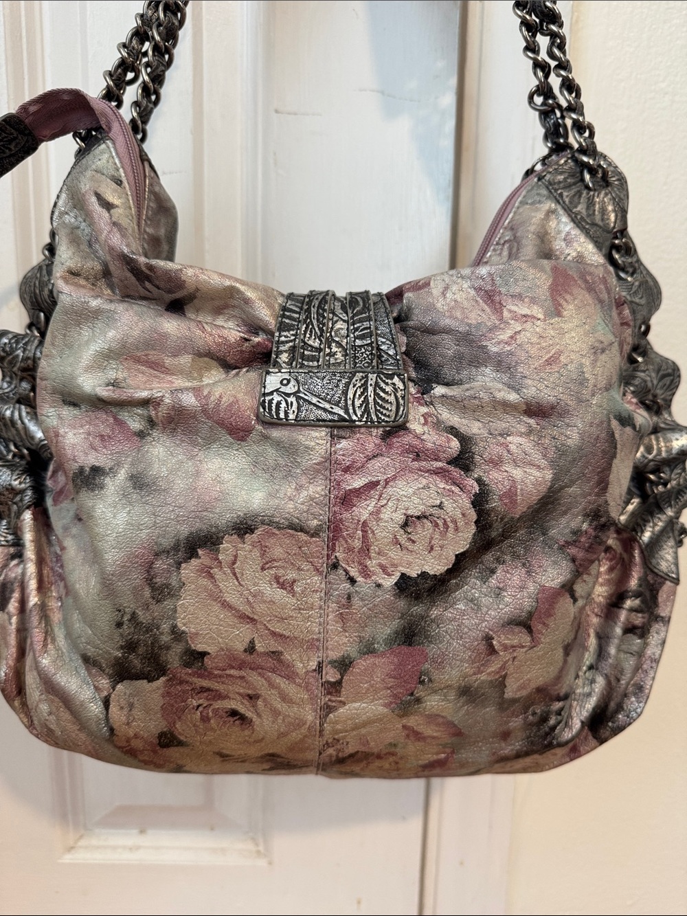 Vintage Sharif Studio Metallic Leather Floral Shoulder Bag Purse Flower Boho - Picture 5 of 12